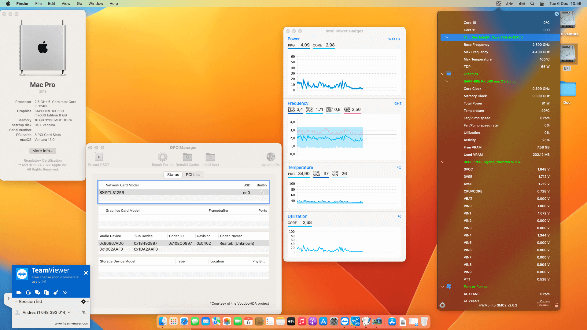 Success Hackintosh macOS Ventura 13.0.1 Build 22A400 in Asrock B660 Steel Legend + Intel Core i5 12400 + Sapphire RX 580